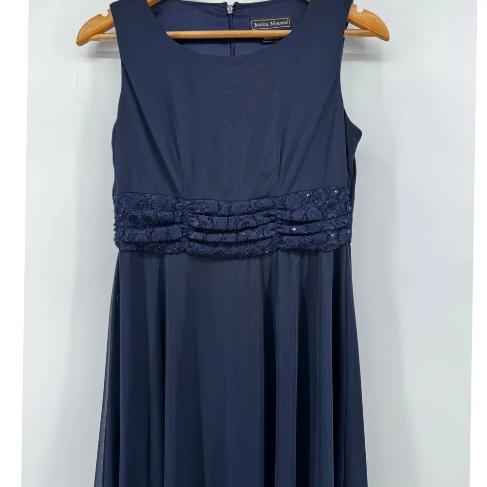Jessica Howard Navy Blue Sequin Lace Dress/Jacket Set 6P Formal Evening Wedding